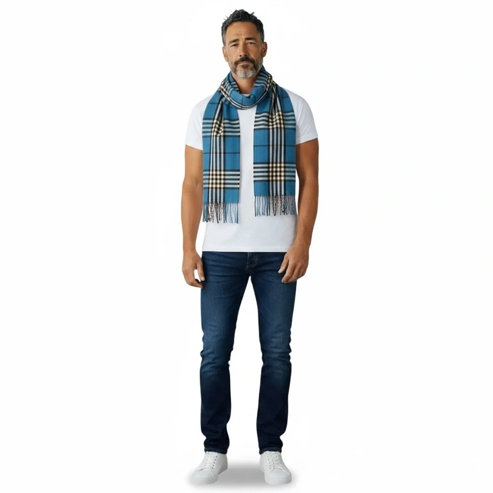 Blue and Black Plaid Cashmere Scarf